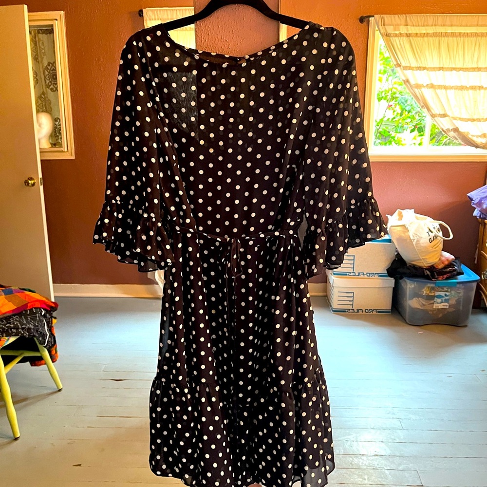 EUC Betsy Johnson dress with ruffles. Navy polkadot.